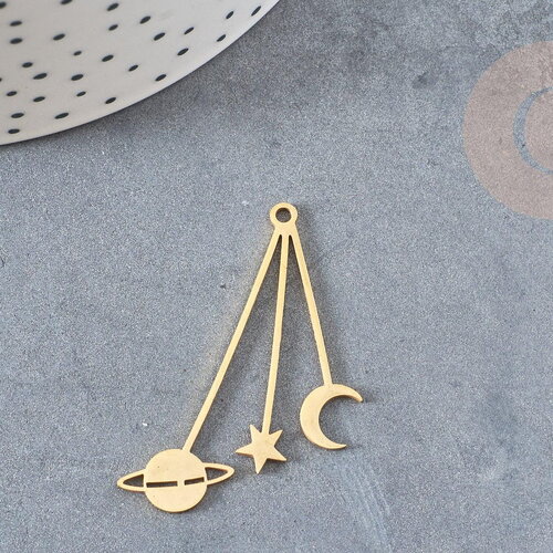 Pendentif acier doré astres 42mm, breloque doré, acier inoxydable doré, pendentif sans nickel, x1 g5729