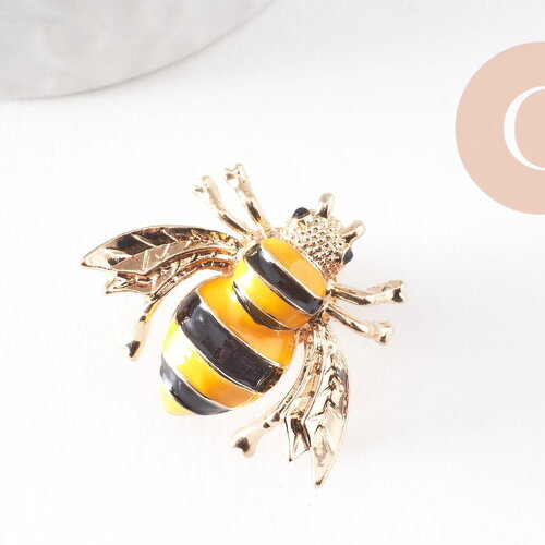 Broche abeille émail noir et jaune zamac doré 29mm, x1 (g9923)