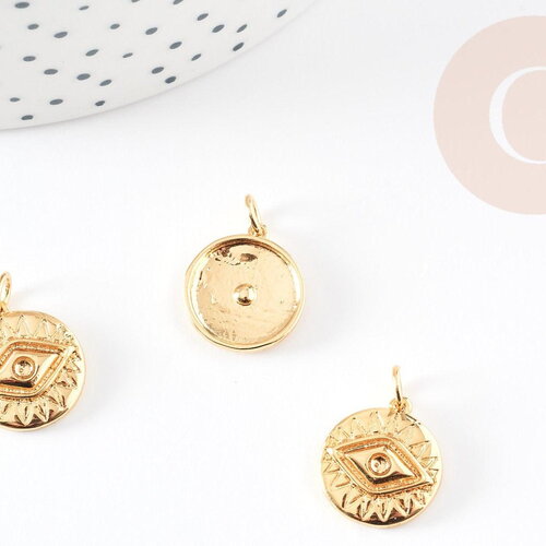 Pendentif médaille ronde oeil laiton doré 18k texturé 15.5mm, un pendentif doré sans nickel pour la création, x1 g4654