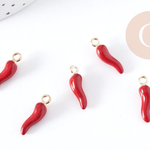 Breloque piment émail rouge zamac doré 21mm, pendentif création bijoux, x5 (g8948)