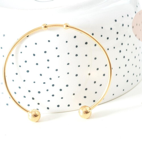Bracelet jonc ouvert finition boule 2mm acier 304 inoxydable doré 50~65mm, x1 (g7734)