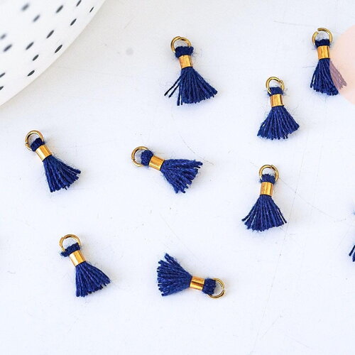 Pompon bleu foncé polyestère support doré,décoration pompon, pompon boucles,fabrication bijoux bohème,10-15mm,les 10 g5562