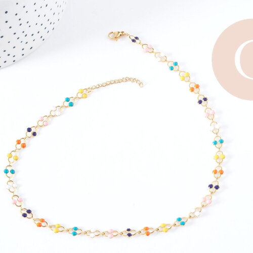 Collier fantaisie émail multicolore acier 304 inoxydable doré 45cm, idée cadeau femme x1 g8807