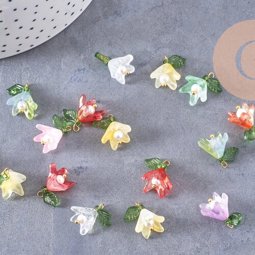 Breloque fleur verre coloré laiton doré imitation perle 15mm, x5 (g10326)