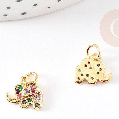 Pendentif éléphant laiton doré 18k cristal coloré 10mm,pendentif doré pour création de bijoux, x1 g5763