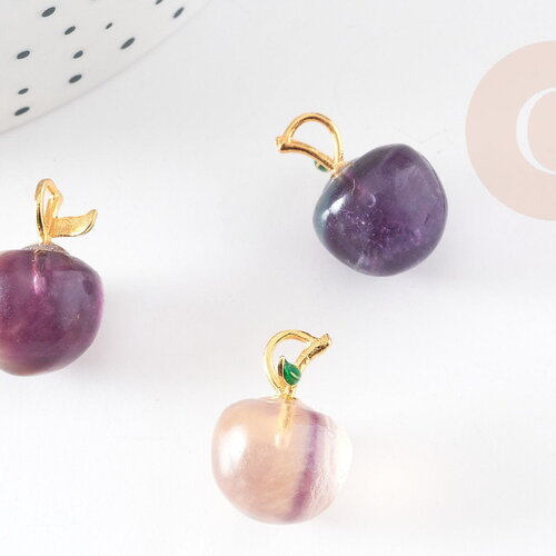 Pendentif pomme fluorite violette naturelle dorée 17.5mm, x1 (g3610)