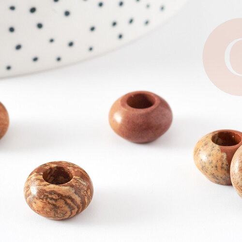 Perle rondelle donut jaspe marron naturelle 14mm, rondelle pierre pour création bijoux x2 g9212