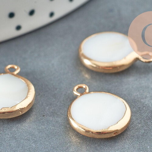 Pendentif nacre blanche naturelle fer doré 12mm, x1 (g2140)