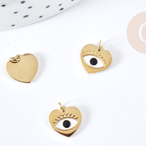 Pendentif coeur oeil acier doré 316 inoxydable émaillé 10mm, un joli pendentif pour la création de bijoux diy, x1 g8816