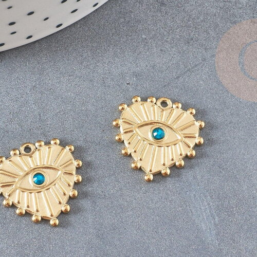 Pendentif coeur oeil acier doré inoxydable zircon vert 19.5mm, un joli pendentif pour la création de bijoux diy, x1,g6032