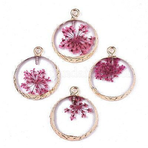 Pendentif rond résine fleurs séchées violettes 24mm, pendentif fleur de rose et or, création de bijoux originaux, x1 g5740