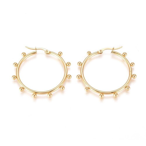 Créoles acier doré boules, bijoux doré,création bijoux, oreille percée,sans nickel, la paire, boucles acier, 42.5mm g4215
