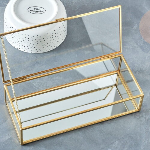 Boite à bijoux verre métal doré rectangle 23cm, x1 (g8099)