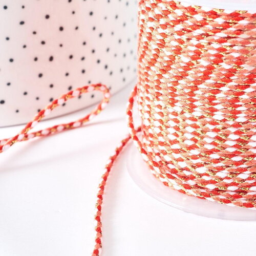 Cordon tressé rouge corail fil doré 1.5mm-2mm,cordon multicolore scrapbooking,corde décoration, x 1mètre g8127