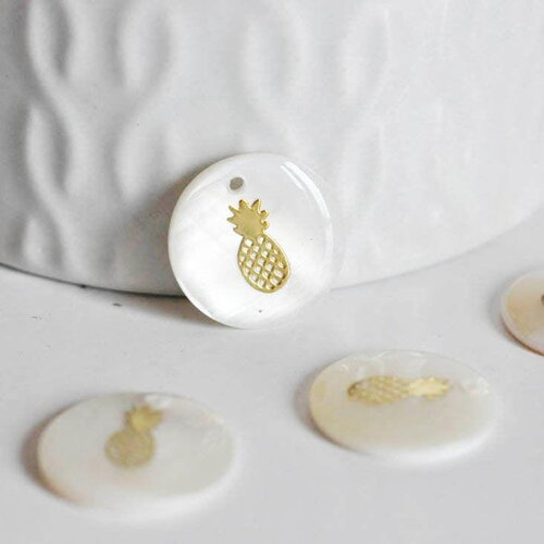 Pendentif rond nacre ananas,fourniture créative, pendentif ananas,coquillage blanc naturel,16mm,1 trou x10 (g0669)