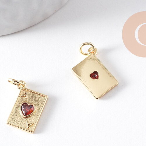 Pendentif carte à jouer coeur zircon rouge laiton doré 18k 15mm x1 (g10288)