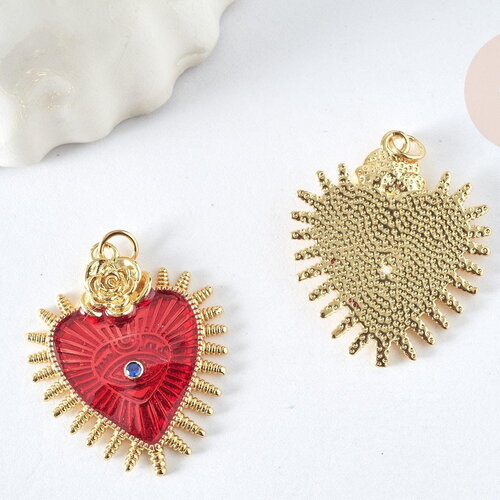 Pendentif cœur mauvais œil émail rouge foncé laiton doré 30mm, pendentif chance, x1 g8407