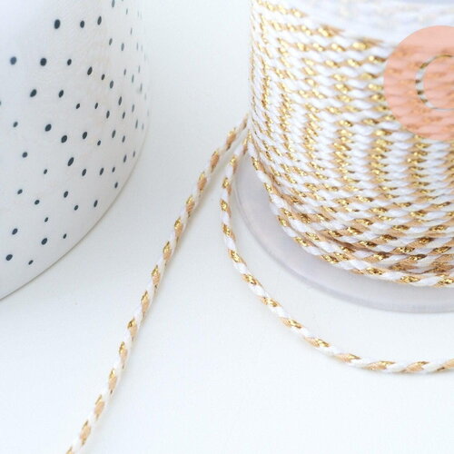 Cordon tressé blanc beige fil doré 1.5mm-2mm, x1 mètre (g6069)