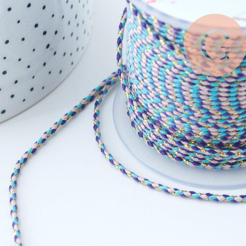 Cordon tressé bleu rose violet fil doré 1.5mm-2mm,cordon multicolore scrapbooking,corde décoration, x 1mètre g6071