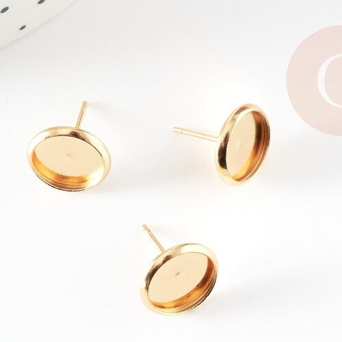 Clous-puces oreille support cabochon 10mm acier 304 inoxydable dore 24k, x10 (g9219)