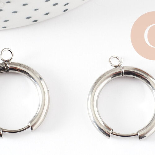 Boucles créole avec anneau dormeuse acier 201 inoxydable platine 25mm, x2 (g9320)
