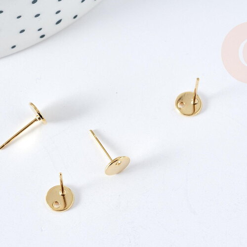 Boucles puces rondes percées acier 201 dorées 6mm, x2 (g8476)