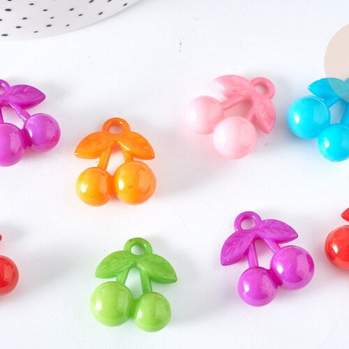 Breloque cerise plastique multicolore 25,5mm, création bijoux plastique coloré, x 5 g7467