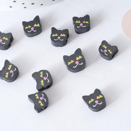 Perle polymère chats noirs, perle animal fantaisie diy,8~10mm, x10 (g7963)