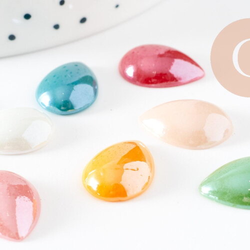 Cabochon dôme goutte porcelaine irisée, cabochons, porcelaine, fait main,13mmx18mm, x10 (13g) g2075
