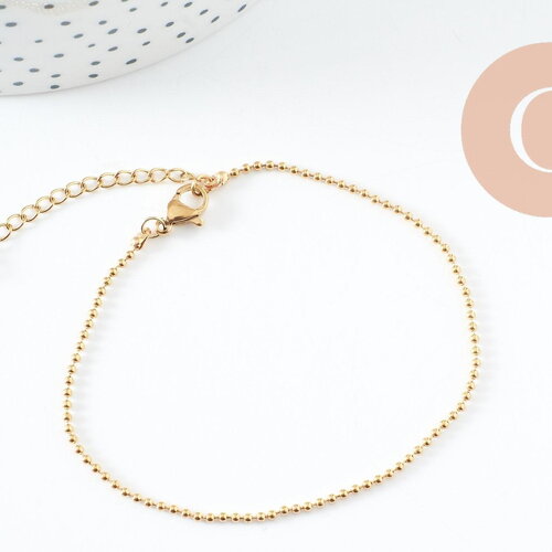 Bracelet réglable maille boule acier 304 inoxydable pvd doré 18.5cm, x1 (g9988)
