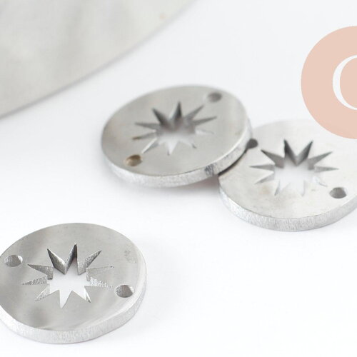 Pendentif connecteur rond acier 304 inoxydable platine soleil évidé 10mm, x1 (g9981)