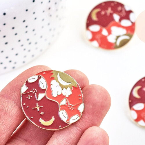Broche pins renard roux doré yin yang émaillé 30x30mm,x1 (g5554)