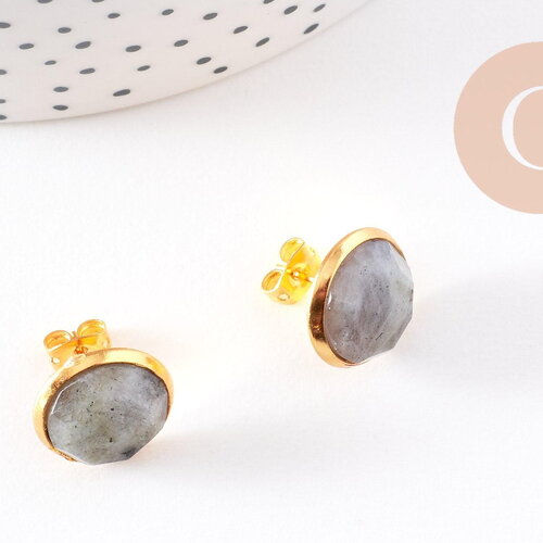 Boucles puces labradorite doré rondes 15mm, x2 (g5263)