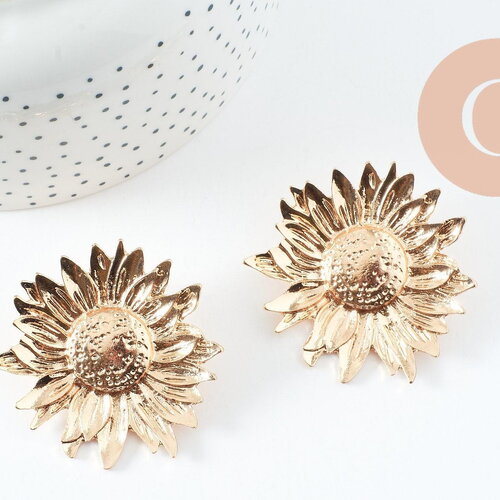 Boucles fleur tournesol xxl zamac doré 50mm, x1 paire (g9654)