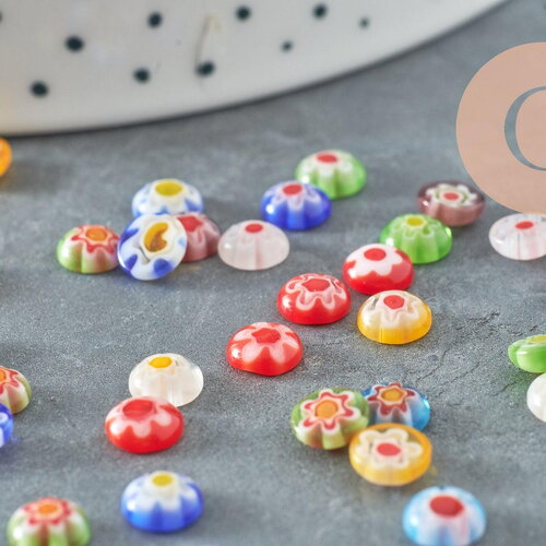 Cabochon dôme rond verre millefiori 6mm, cabochons verre artisanal, x5 (g9970)