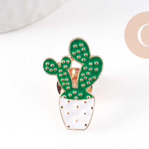 Broche cactus zamac doré émail vert 28.5mm, x1 (g9975)