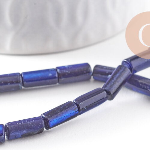 Perle tube nacre naturelle teintée bleu 10x4.5mm, x1 fil de 36cm (g9973)