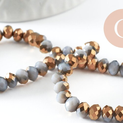 Perle toupie cristal gris or 6x5mm, perles bijoux, perle bicone cristal gris,perle verre facette, fil de 42 cm x1 (g6179)