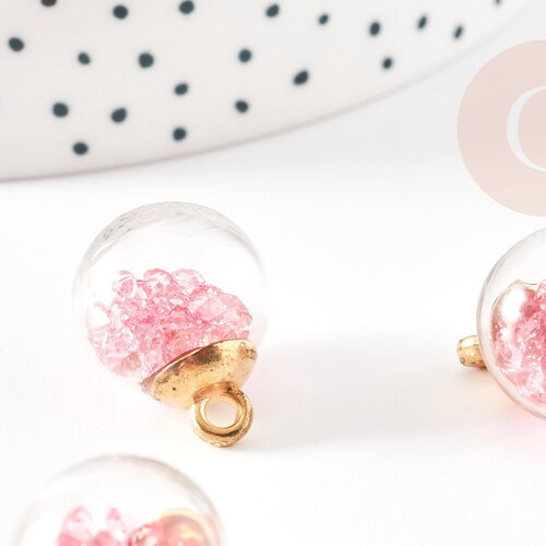 Pendentif bulle globe verre chips rose et ccb doré 20mm, création bijoux original diy, x1 g9129