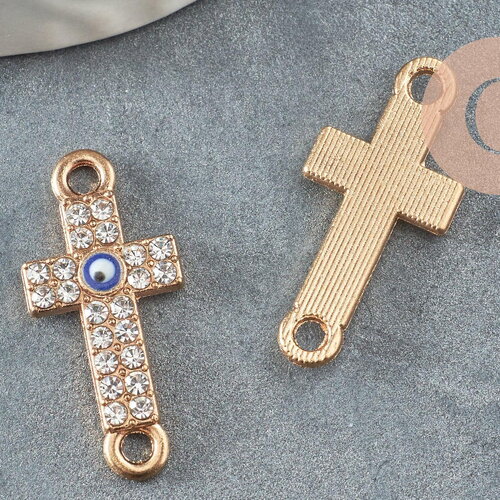 Breloque connecteur croix zamac doré cristal,sans nickel,pendentif oeil protecteur, pendentif zircon,25.5mm, x1 g4096