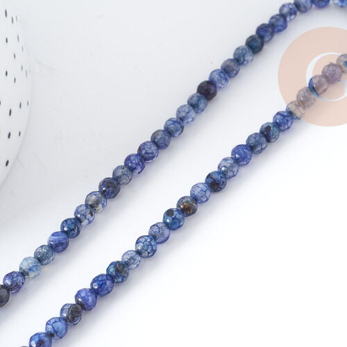 Perle agate ronde facettées agate naturelle bleue 4mm, pierre diy, fil de 37cm, x1 (g8978)