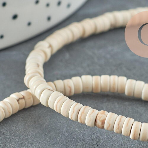 Perles rondes rondelles howlite blanche, perles pierre howlite synthétique, fil de 39cm, x1 g0827