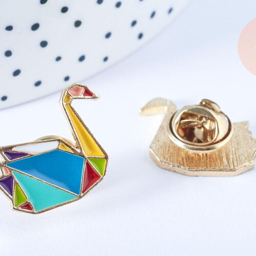 Broche pin's cygne origami doré émail multicolore 18x21mm,broche dorée, décoration veste,x1 g6615