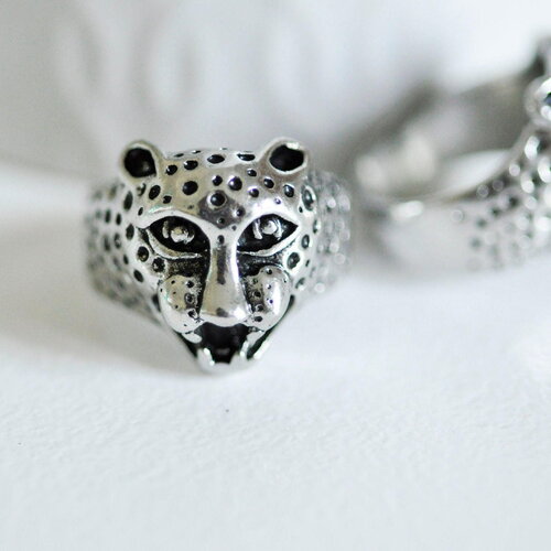 Bague homme argenté tête léopard 18mm, x1 (g0661)