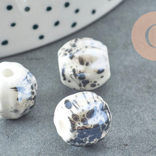 Perle porcelaine blanche taches noires 13mm, perle striées,perle céramique, fabrication bijoux, céramique blanche, x10 g9446