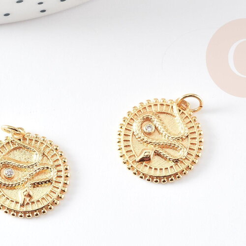Pendentif médaille serpent laiton doré 18k cristal 18.5mm, pendentif animal zircon, x1 (g4279)