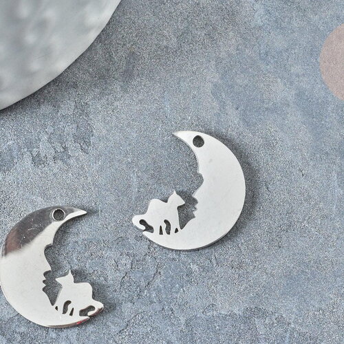 Pendentif argenté croissant de lune acier 201 inoxydable 24mm, breloque acier inoxydable platine x1 g7604