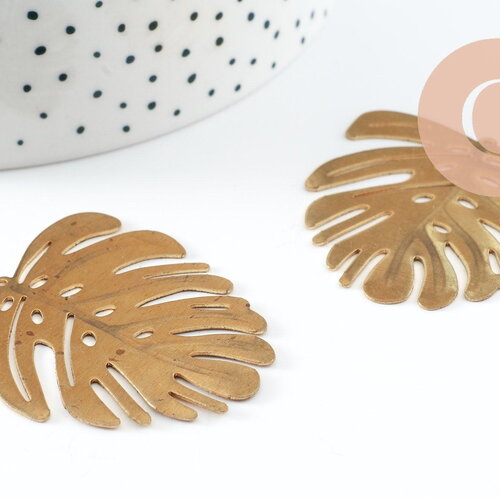 Pendentif feuille laiton,fourniture bijou,breloque laiton brut,bijou laiton,feuille monstera 45mm, x1 (g0917)