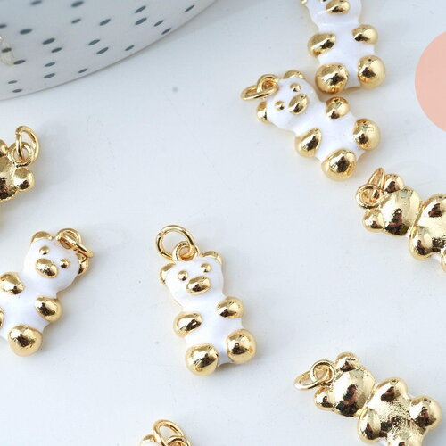 Pendentif ourson laiton doré 18k résine blanche 17.5mm, pendentif laiton jouet, x1 g6002