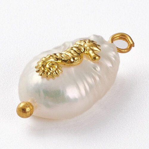 Pendentif perle naturelle keshi hippocampe doré 13-16mm,porte bonheur,perle eau douce,création bijou,perle naturelle blanche, x1 g6091